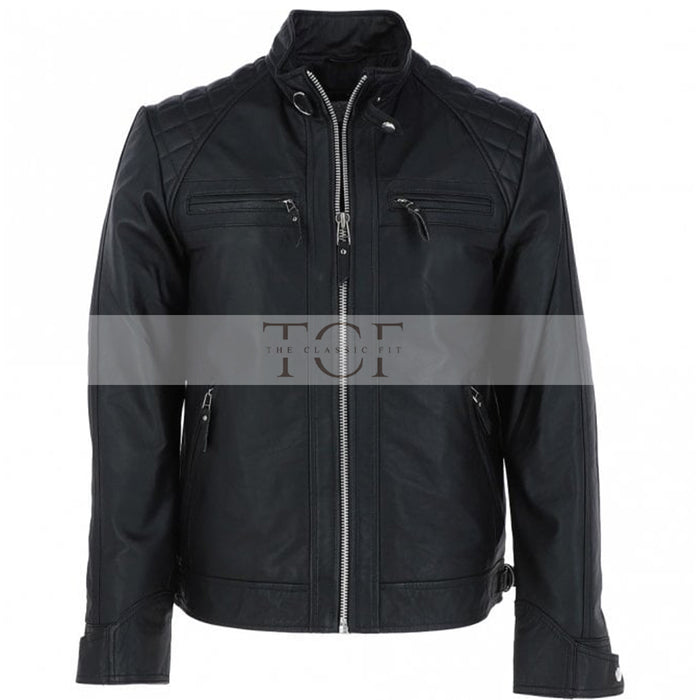 Men's Motorcycle Leather Jacket, Multiple Zippered Pockets | Black