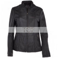 Women's Biker Style Leather Jacket With Zip Front & Stand Collar | Black