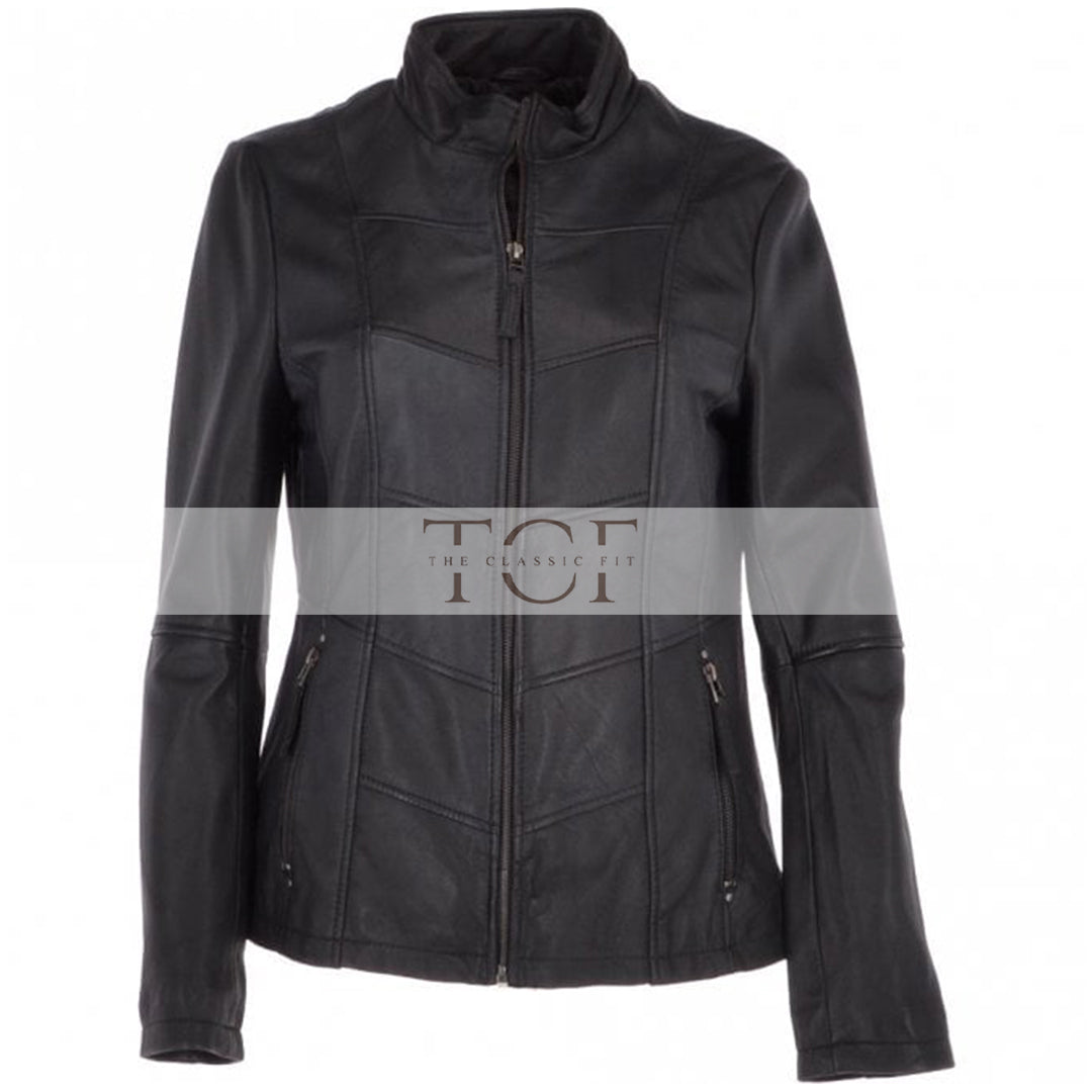 Women's Biker Style Leather Jacket With Zip Front & Stand Collar | Black