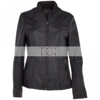 Women's Biker Style Leather Jacket With Zip Front & Stand Collar | Black