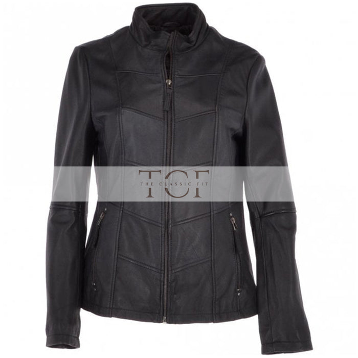 Women's Biker Style Leather Jacket With Zip Front & Stand Collar | Black