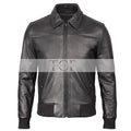 Men's Bomber Leather Jacket  Ribbed Collar & Cuff | Black