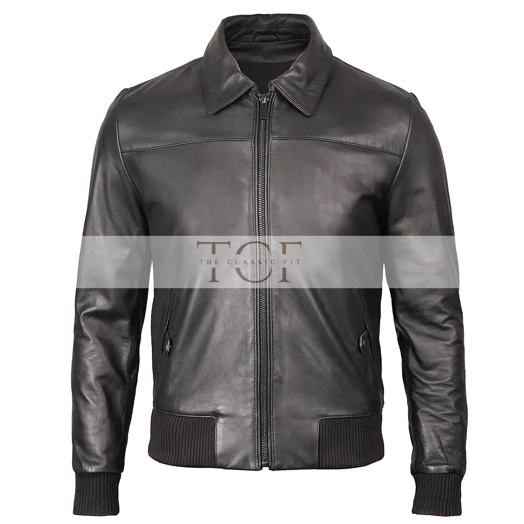 Men's Bomber Leather Jacket  Ribbed Collar & Cuff | Black
