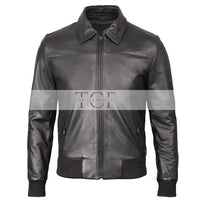 Men's Bomber Leather Jacket  Ribbed Collar & Cuff | Black