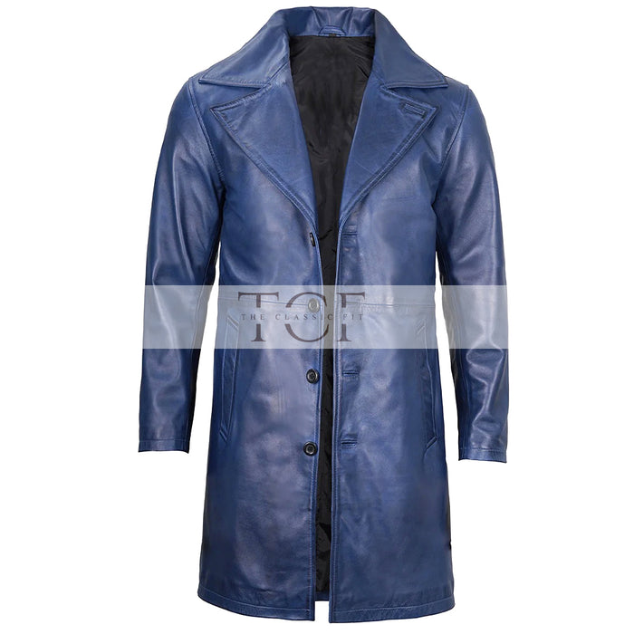 Men's  3/4 Length Trench Leather Coat | Navy Blue