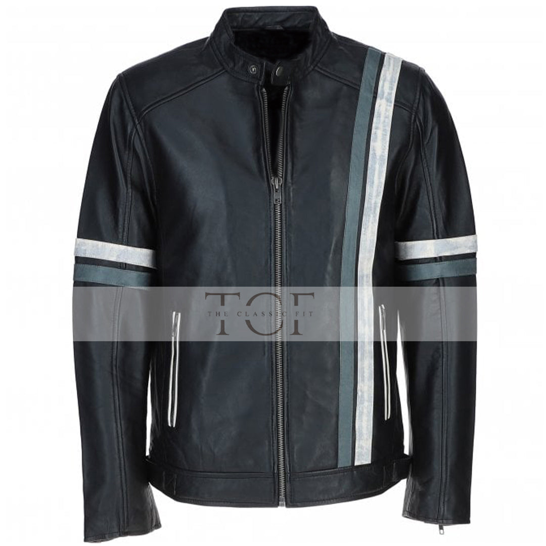 Men's Motorcycle Leather Jacket Gray & White Stripes | Blue & Black