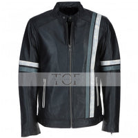 Men's Motorcycle Leather Jacket Gray & White Stripes | Blue & Black