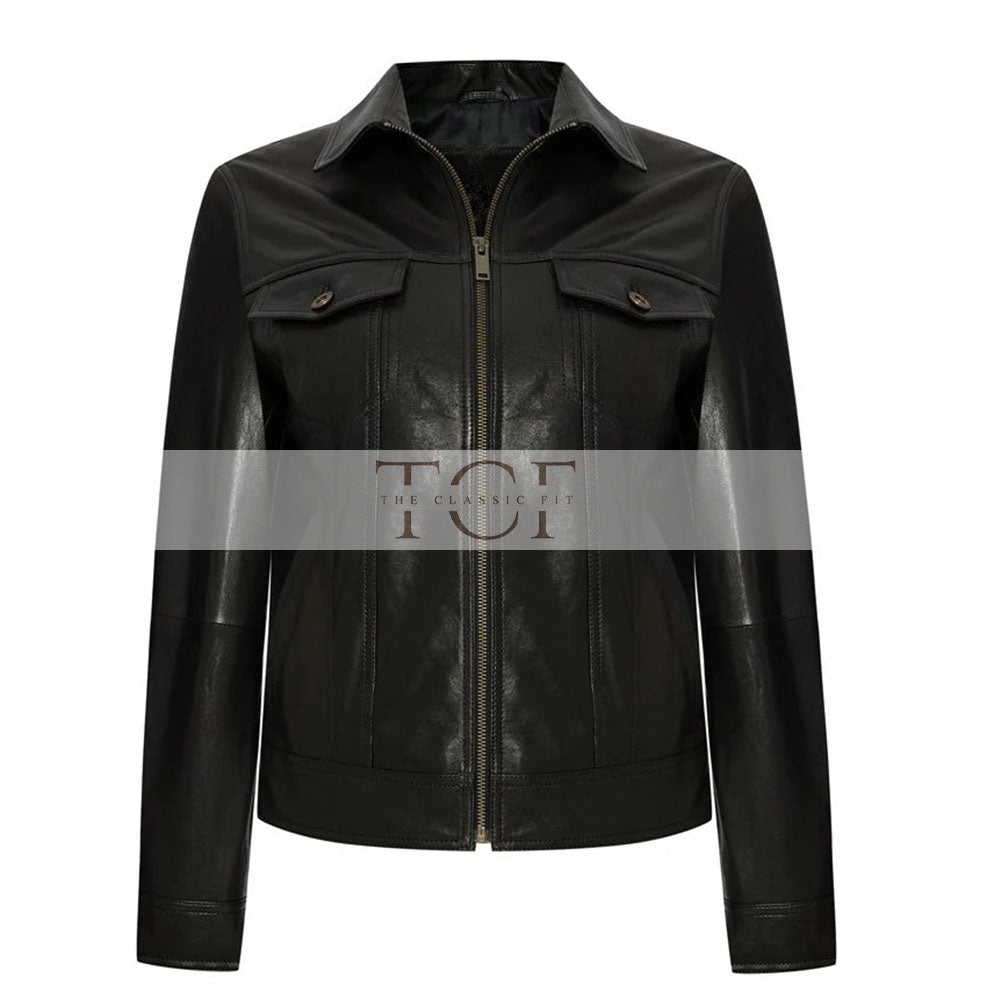 Women's Leather Trucker Jacket, Lambskin, Zip Front | Black