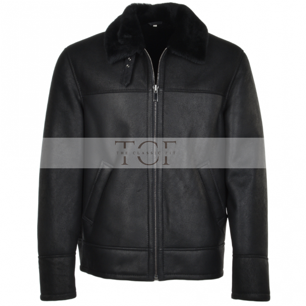 Men's Sheepskin Genuine Leather Jacket with Fur Collar | Black