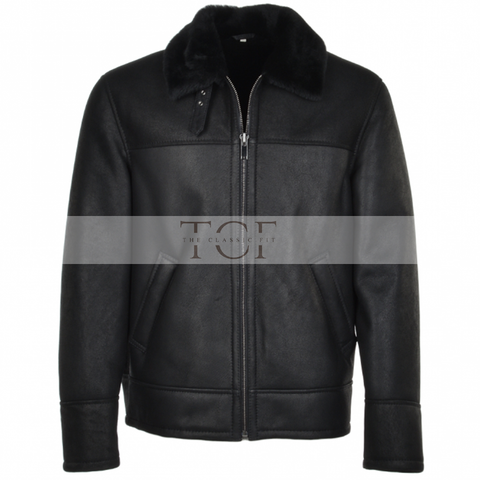 Men's Sheepskin Genuine Leather Jacket with Fur Collar | Black