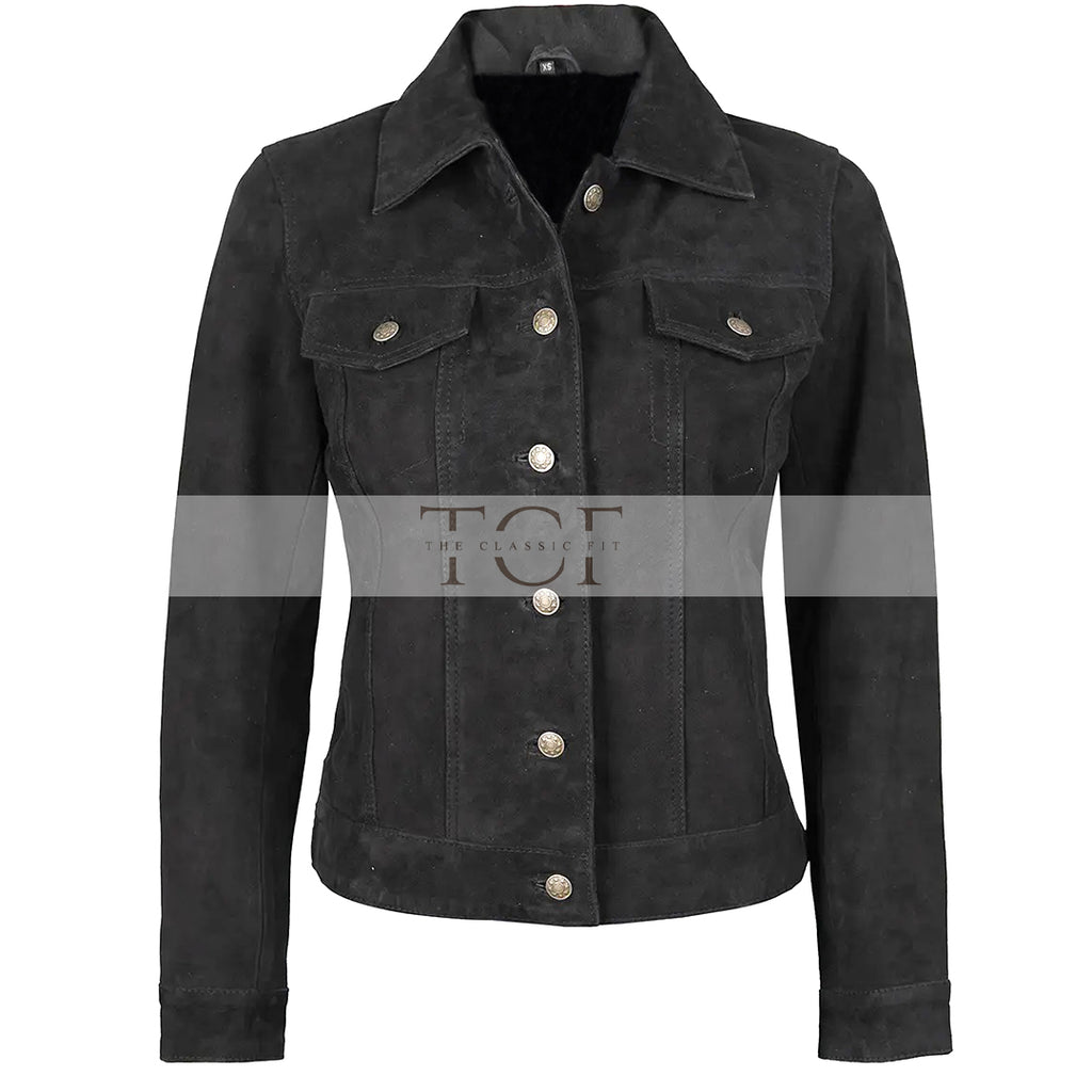 Women's Suede Trucker Leather Jacket | Black