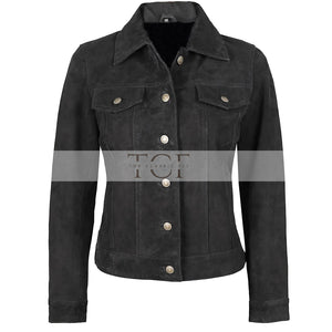 Women's Suede Trucker Leather Jacket | Black