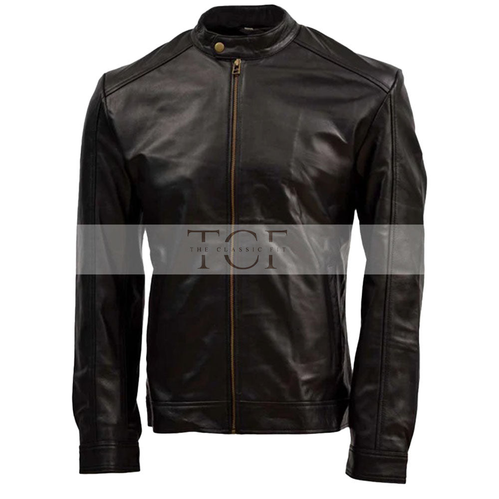 Men's Sheep Leather Moto Jacket with Stand Collar, Zip Closure | Black