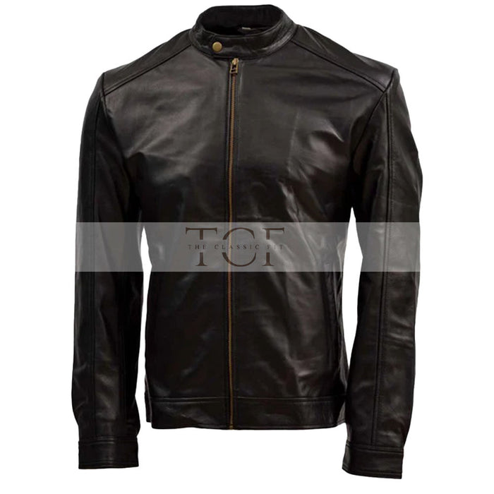 Men's Sheep Leather Moto Jacket with Stand Collar, Zip Closure | Black