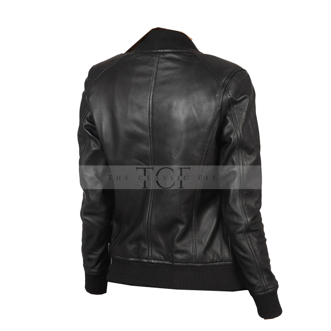 Women's Biker Bomber Leather Jacket | Black
