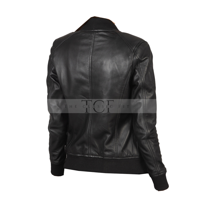 Women's Biker Bomber Leather Jacket | Black