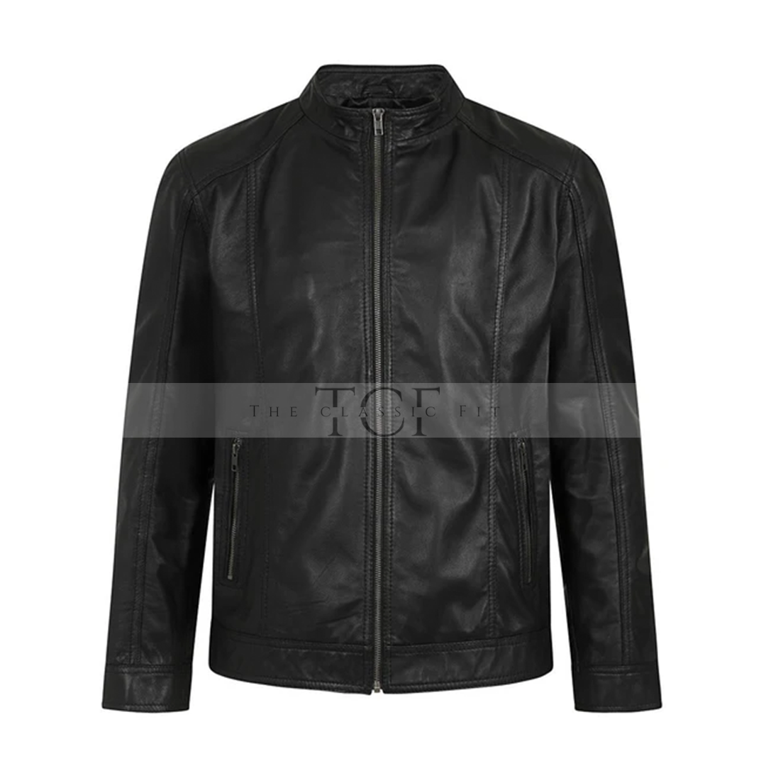 Men's Leather Zip-Up Jacket, Biker Style | Black