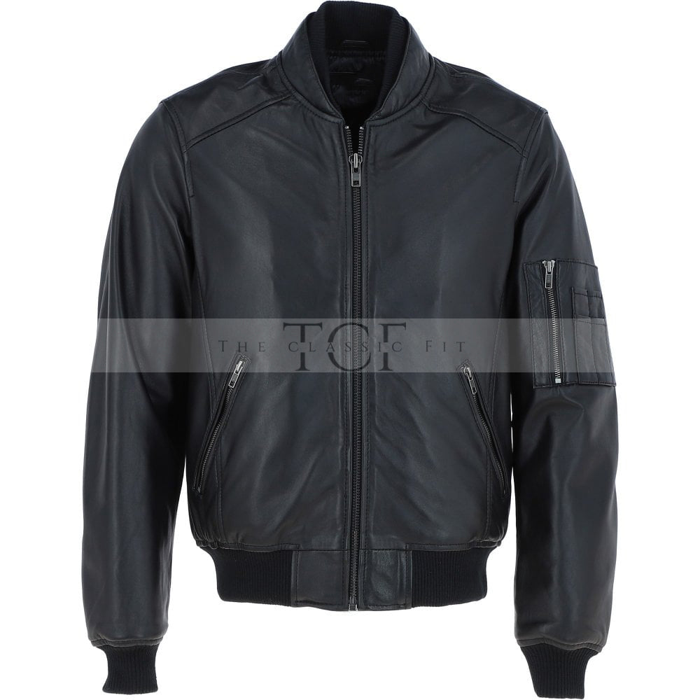 Men's Leather Bomber Jacket, Zip Front, Multiple Pockets | Black