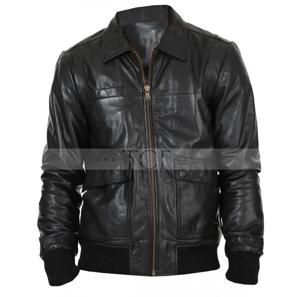 Men's Real Lambskin Leather Bomber Jacket | Black