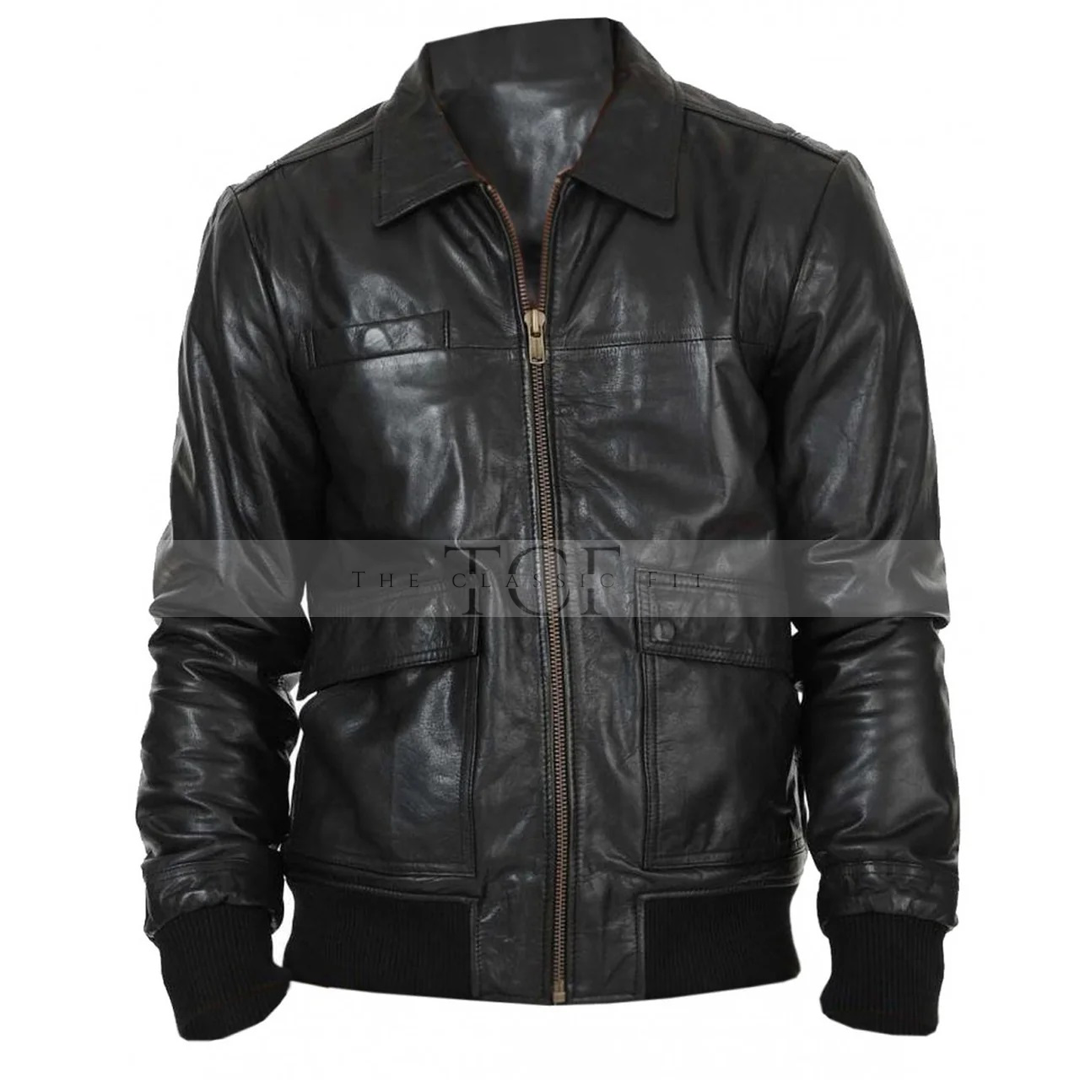 Men's Real Lambskin Leather Bomber Jacket | Black