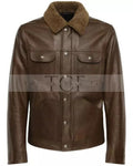 Men's Shiny Leather Jacket with Shearling Collar | Shiny Brown