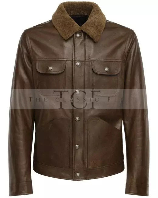 Men's Shiny Leather Jacket with Shearling Collar | Shiny Brown