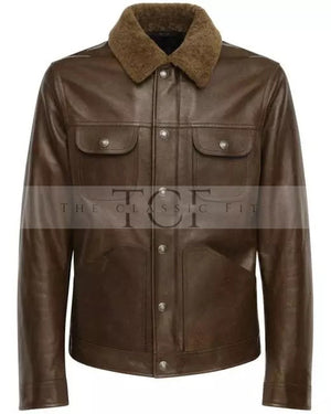 Men's Shiny Leather Jacket with Shearling Collar | Shiny Brown