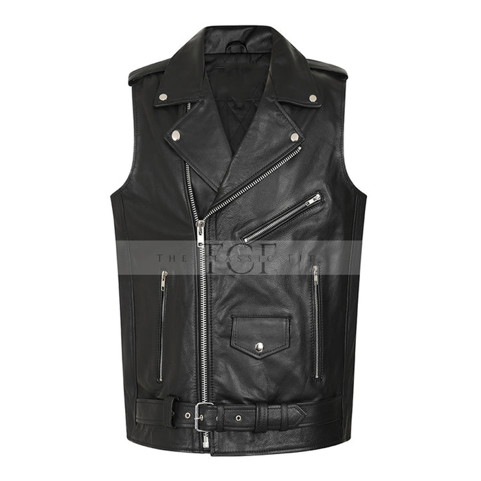 Men's Leather Biker Vest with Zipper, Belted Waist | Black