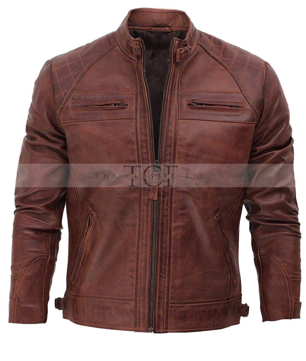 Men's Distressed Biker Leather Jacket | Brown