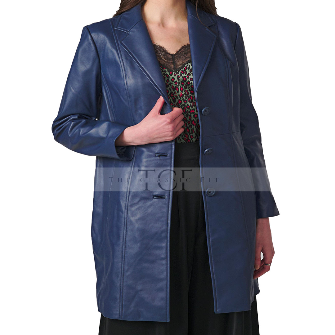 Women's Real Long Leather Trench Coat | Blue
