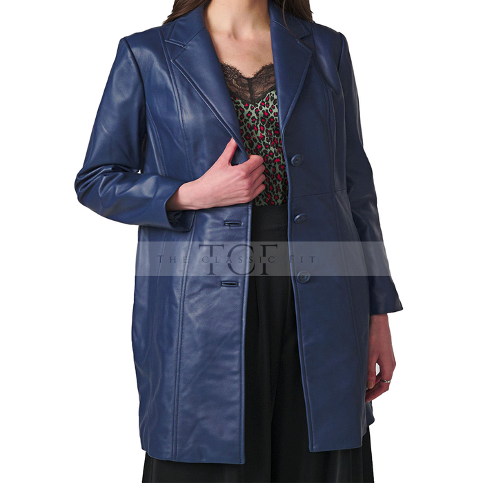 Women's Real Long Leather Trench Coat | Blue