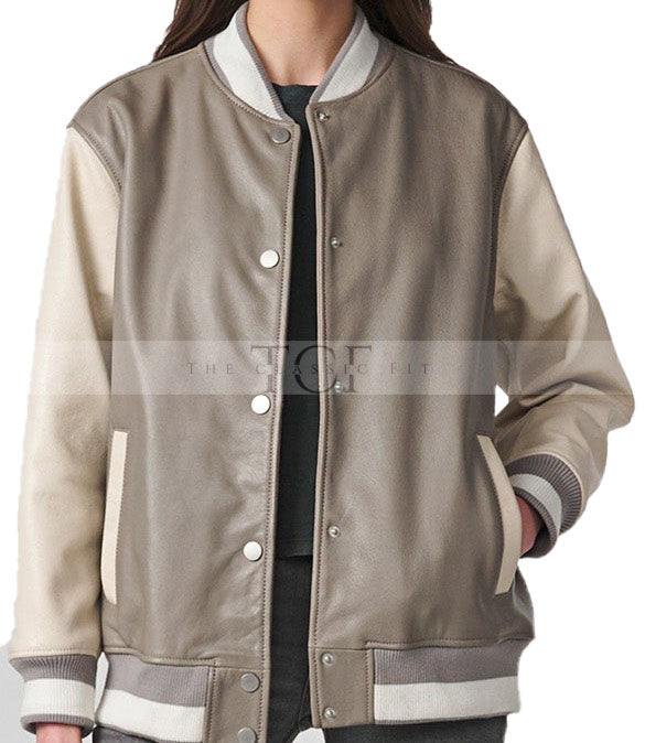 Women's Varsity Leather Suede Bomber Jacket | Gray