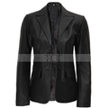 Women's Two Button Black Lambskin Leather Blazer Jacket | Black