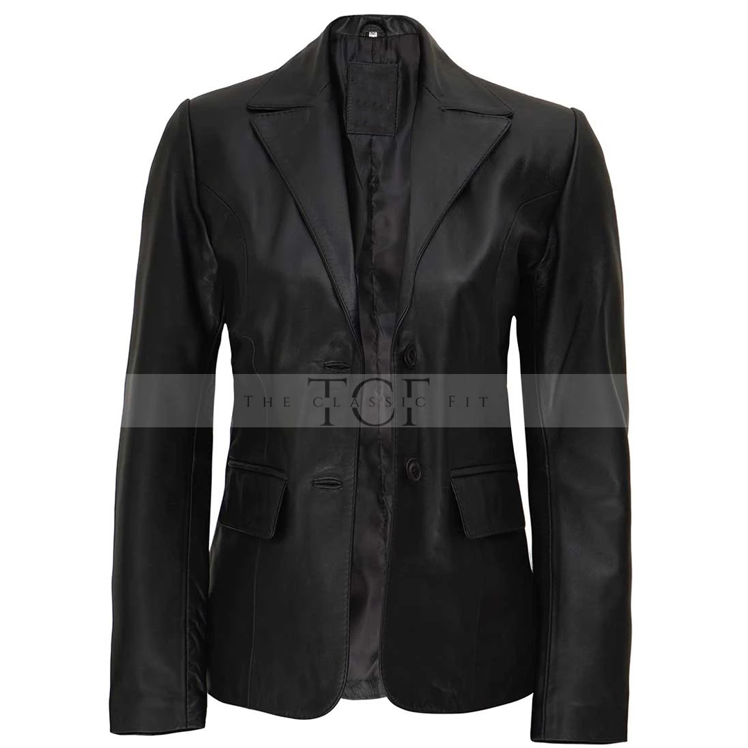Women's Two Button Black Lambskin Leather Blazer Jacket | Black