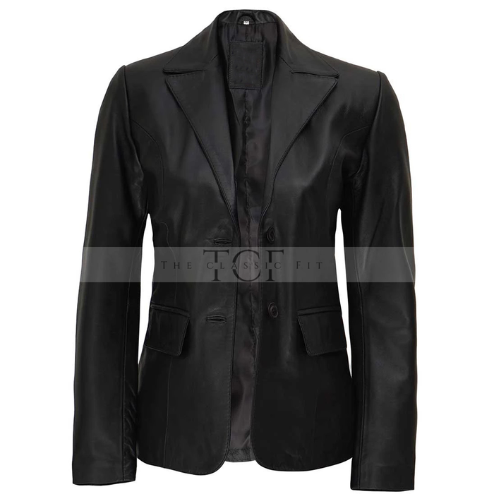Women's Two Button Black Lambskin Leather Blazer Jacket | Black