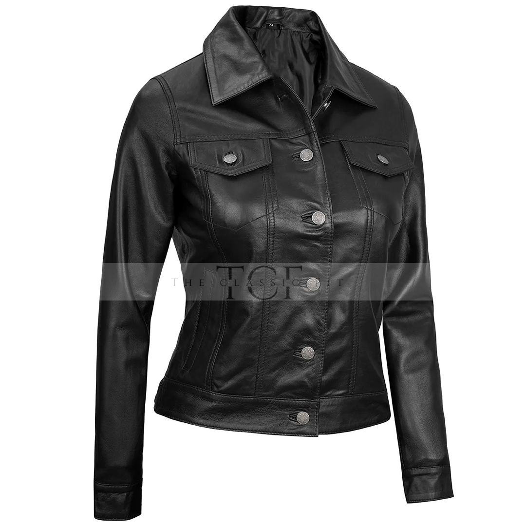 Women's Real Leather Cafe Racer Style Jacket | Black