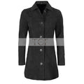 Women's Suede Leather Trench Coat Front Button | Black
