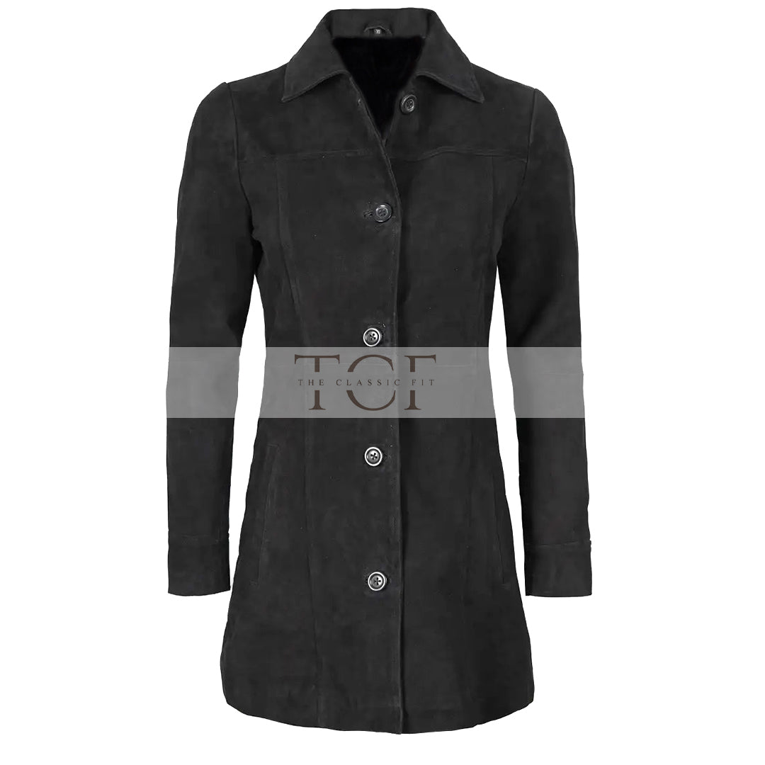Women's Suede Leather Trench Coat Front Button | Black