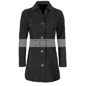 Women's Suede Leather Trench Coat Front Button | Black