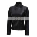 Womens Café Racer High Neck Fitted Leather Jacket | Black