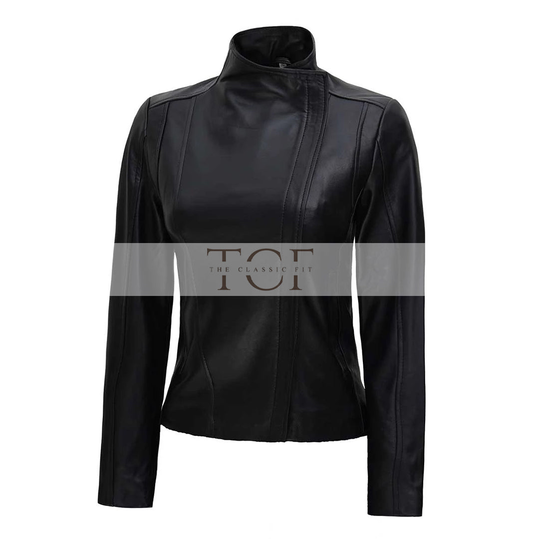 Womens Café Racer High Neck Fitted Leather Jacket | Black