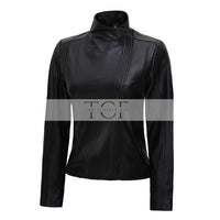 Womens Café Racer High Neck Fitted Leather Jacket | Black