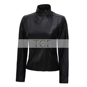 Womens Café Racer High Neck Fitted Leather Jacket | Black