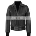 Women's Classic Leather Shirt Collar Bomber Jacket, Zip Front, Ribbed Trim | Black