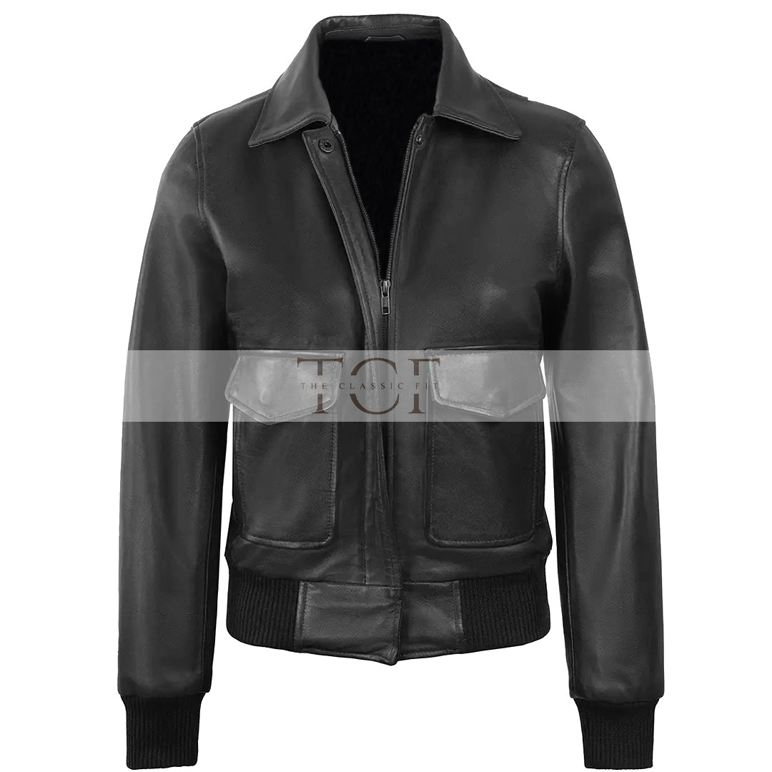 Women's Classic Leather Shirt Collar Bomber Jacket, Zip Front, Ribbed Trim | Black