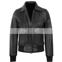 Women's Classic Leather Shirt Collar Bomber Jacket, Zip Front, Ribbed Trim | Black