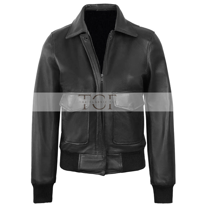 Women's Classic Leather Shirt Collar Bomber Jacket, Zip Front, Ribbed Trim | Black