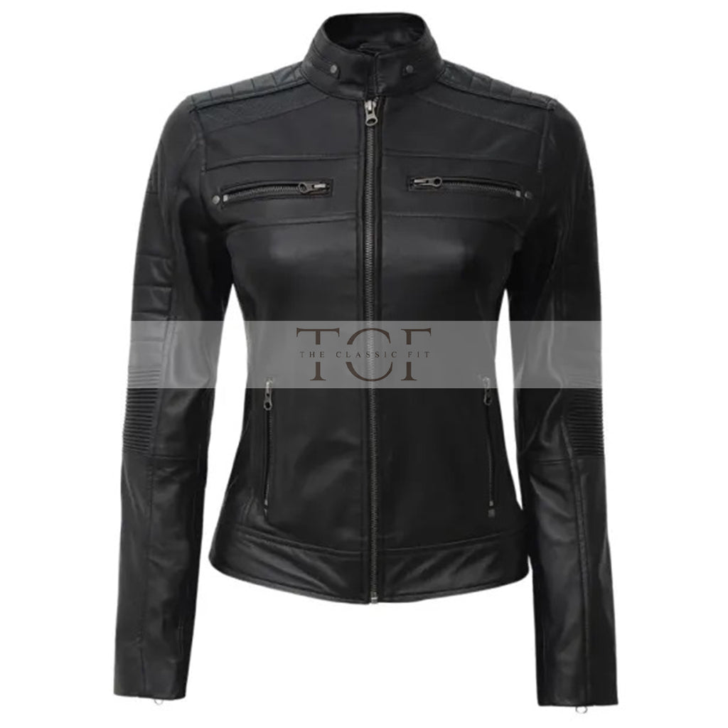 Women's Leather Cafe Racer Biker Jacket with Stand Collar, Padded Shoulders & Sleeves | Black