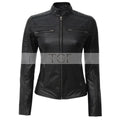 Women's Leather Cafe Racer Biker Jacket with Stand Collar, Padded Shoulders & Sleeves | Black