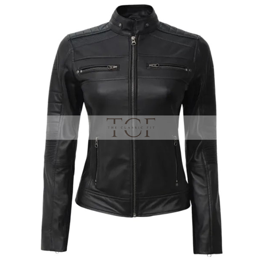 Women's Leather Cafe Racer Biker Jacket with Stand Collar, Padded Shoulders & Sleeves | Black